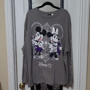 Disney Gray Long Sleeve Tee with Mickey & Minnie 100th Anniversary Graphic